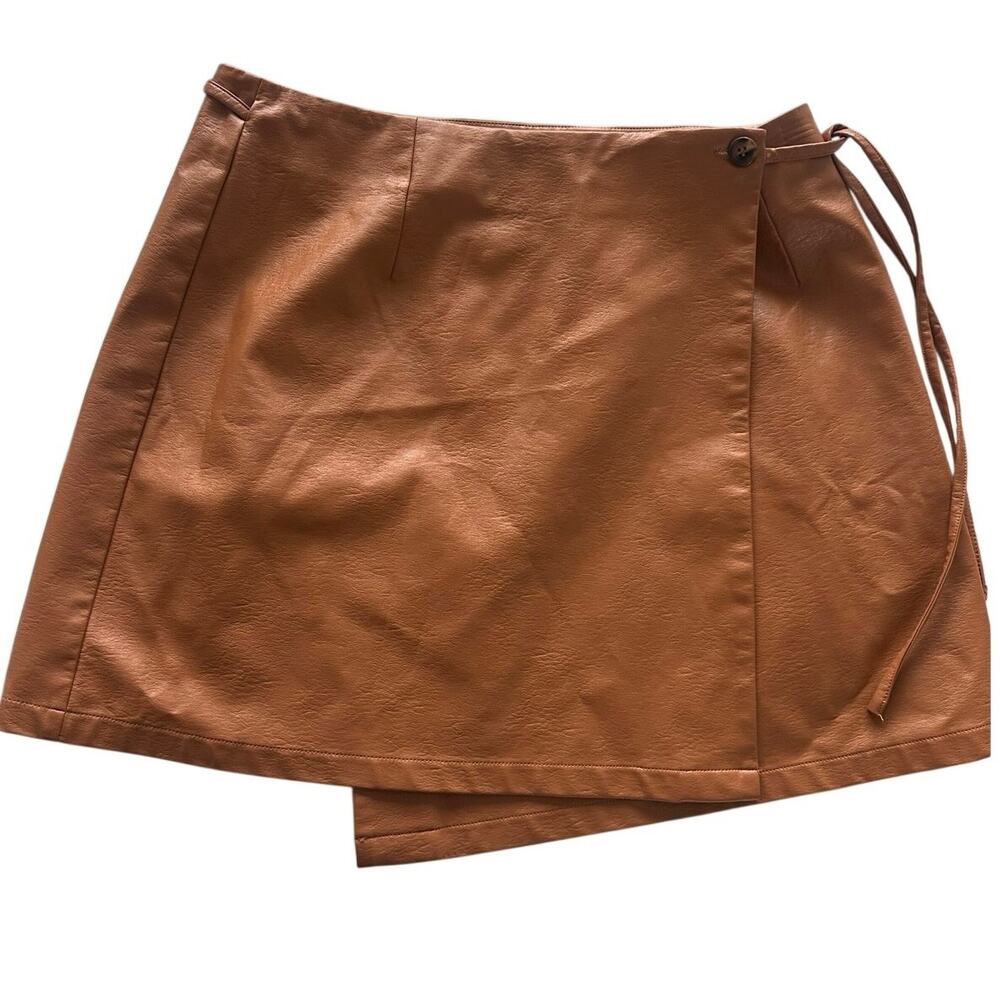 FRNCH Paris Romane Faux Leather Wrap Mini Skirt Camel Size L NWT